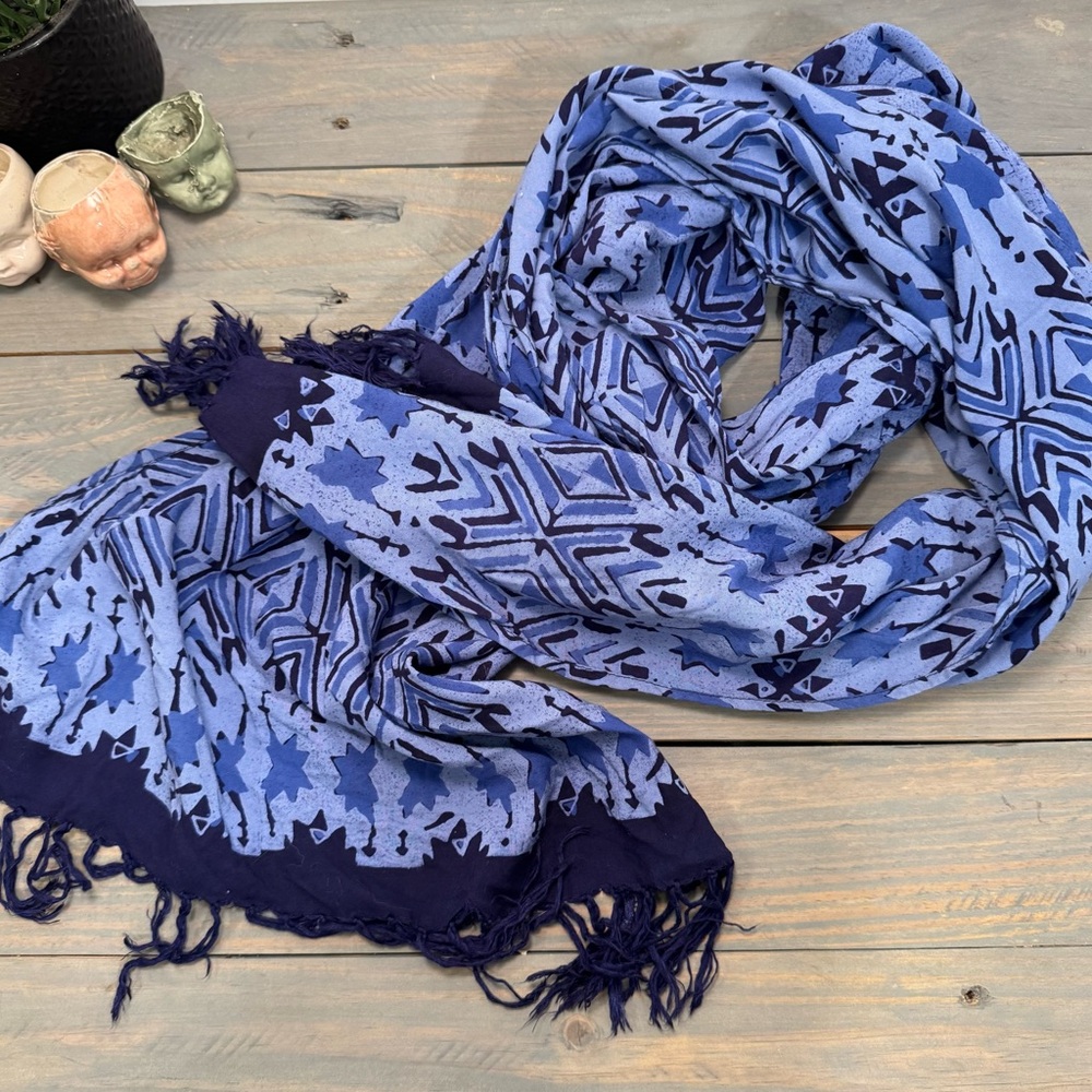 Batik Cotton Navy and Blue Patterned Scarf with Navy Fringe